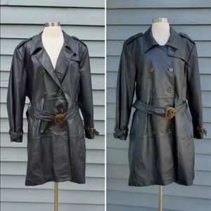 Vintage 90s y2k Black Leather Double Breasted Belted Punk Midi Trench Coat 1X